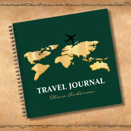 Gold World Map & Airplane, Travel Journal, Custom Notizblock