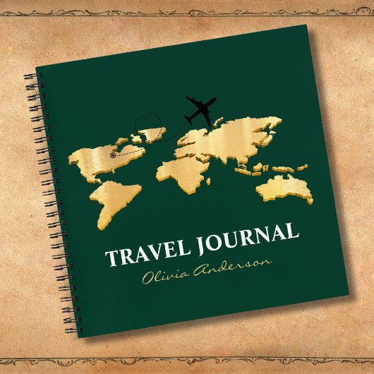 Gold World Map & Airplane, Travel Journal, Custom Notizblock