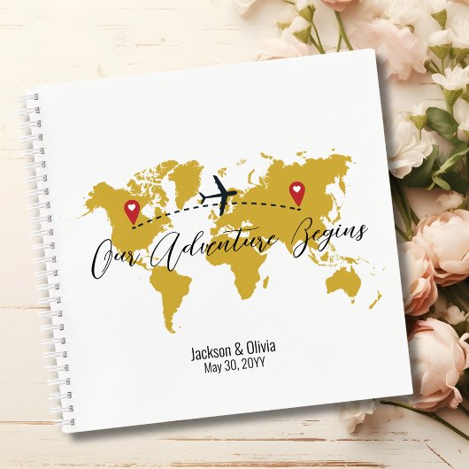 Gold World Map & Airplane, Travel Wedding Custom Notizblock