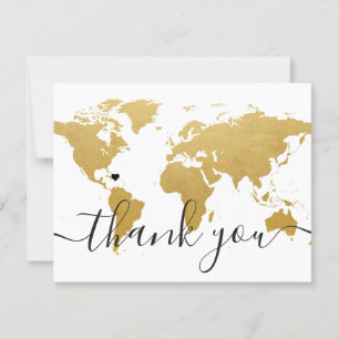 Gold World Map and Wedding Foto Dankeskarte