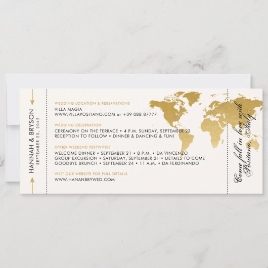 Gold World Map Boarding Pass Ticket Save the Date Ankündigung (Rückseite)