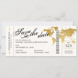 Gold World Map Boarding Pass Ticket Save the Date Ankündigung