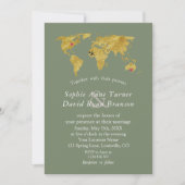 Gold World Map Destination Sage Green Wedding Einladung (Vorderseite)