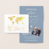 Gold World Map Folded Destination Save the Date Folienkarte (Anzeige)