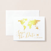 Gold World Map Folded Destination Save the Date Folienkarte (Vorderseite mit Umschlag)