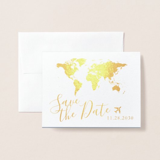 Gold World Map Folded Destination Save the Date Folienkarte (Vorderseite mit Umschlag)