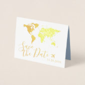 Gold World Map Folded Destination Save the Date Folienkarte (Vorderseite)