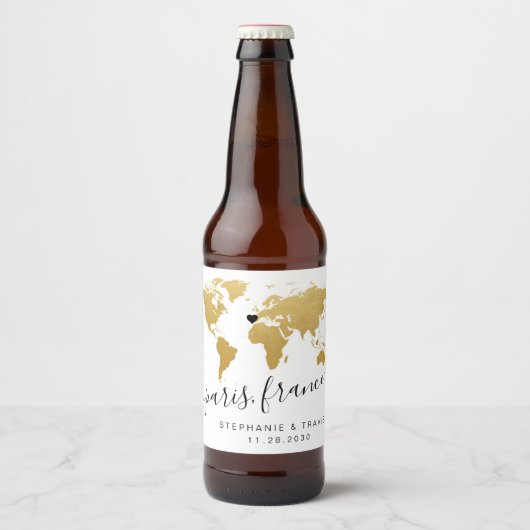 Gold World Map Herzziel Gefallen Bierflaschenetikett (Vorderseite)