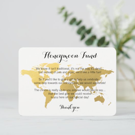 Gold World Map Honeymoon Fond Anfrage Hochzeitskar Begleitkarte (Stehend Vorderseite)