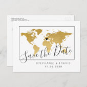 Gold World Map Minimal Save the Date Postkarte (Vorne/Hinten)