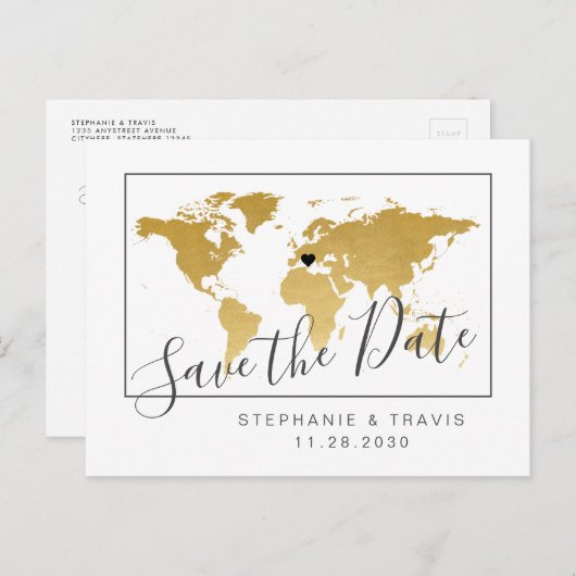 Gold World Map Minimal Save the Date Postkarte (Vorne/Hinten)