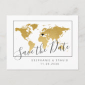 Gold World Map Minimal Save the Date Postkarte (Vorderseite)