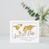 Gold World Map Minimal Save the Date Postkarte (Stehend Vorderseite)