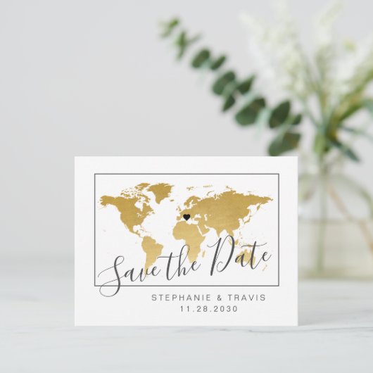 Gold World Map Minimal Save the Date Postkarte (Stehend Vorderseite)