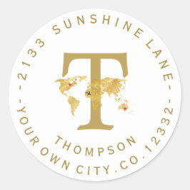 Gold World Map Monogram Circuit Address Label Runder Aufkleber