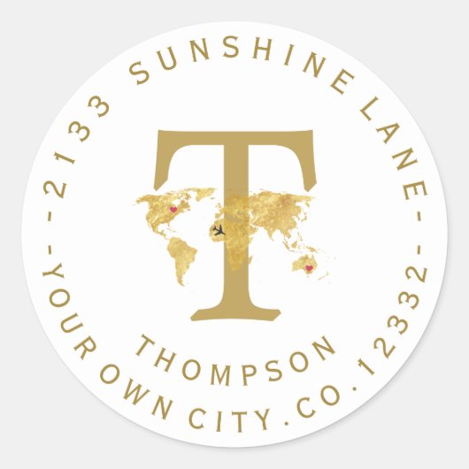 Gold World Map Monogram Circuit Address Label Runder Aufkleber (Vorderseite)