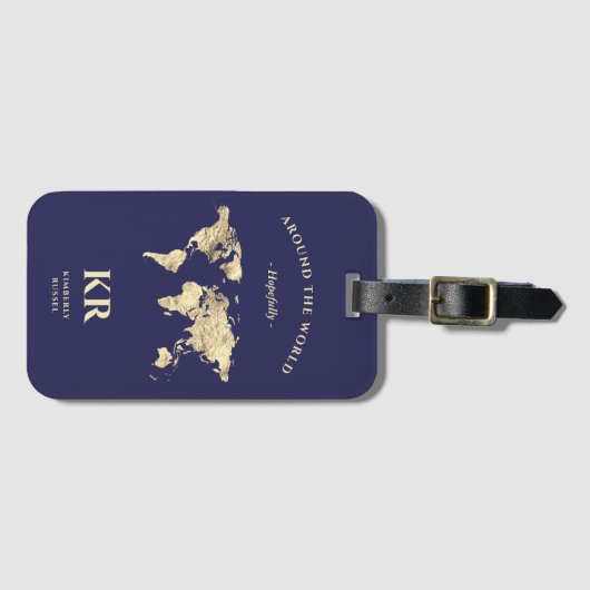 Gold World Map Monogram Traveller Gepäckanhänger (Vorderseite (Horizontal))