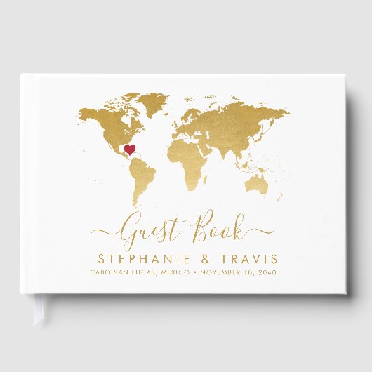 Gold World Map Personalisiert Heart Destination Gästebuch (Vorderseite)