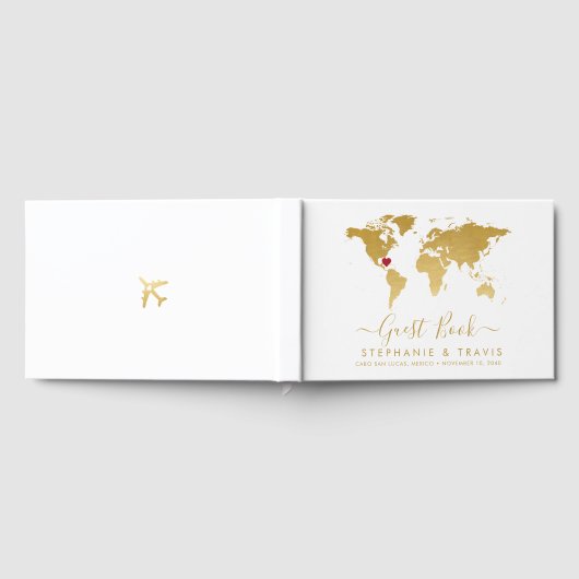 Gold World Map Personalisiert Heart Destination Gästebuch (Voll)