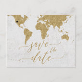 Gold World Map Ziel Save the Date Ankündigungspostkarte (Vorderseite)