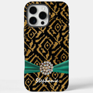 Gold Woven Fabric mit Ribbon und Kristall iPhone 16 Pro Max Hülle
