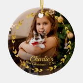 Gold Wreath Cat First Christmas Einfaches Foto Keramik Ornament (Vorne)