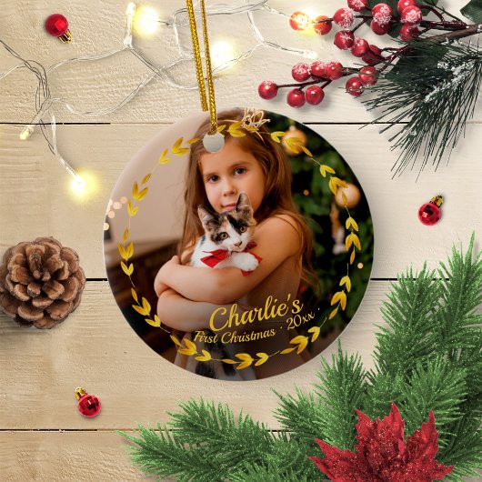 Gold Wreath Cat First Christmas Einfaches Foto Keramik Ornament