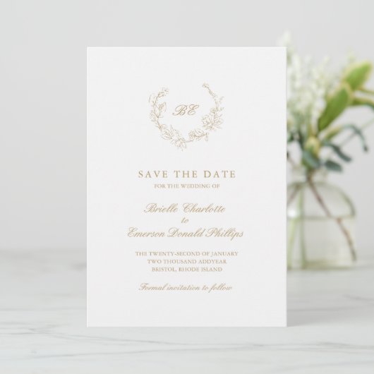 Gold Wreath Monogram Foto Elegante Hochzeit Save The Date (Stehend Vorderseite)