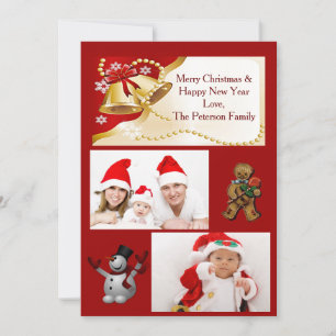 Gold XMas Glocken, Perlen und Schneeflocken Flachk Feiertagskarte