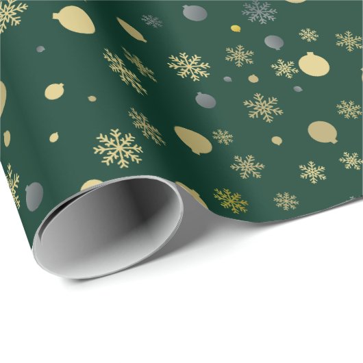 Gold Xmas Tree Ornaments Muster Grün Weihnachten Geschenkpapier (Rolleneckpunkt)