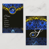GOLD YELLOW BLACK BLUE SAPPHIRE DAMASK MONOGRAMM VISITENKARTE (Vorne/Hinten)