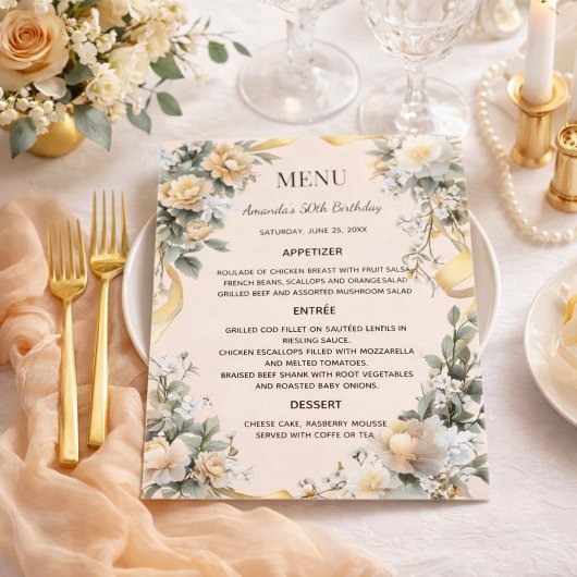 Gold yellow florals ribbon menu card