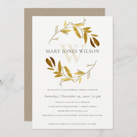 GOLD YELLOW FOLIAGE WREATH BRAUTPARTY CARD DANKESKARTE (Vorne/Hinten)