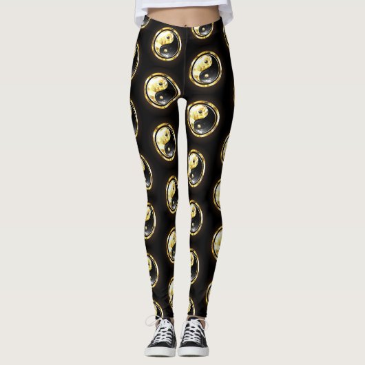Gold Yin Yang auf schwarz Leggings (Vorderseite)