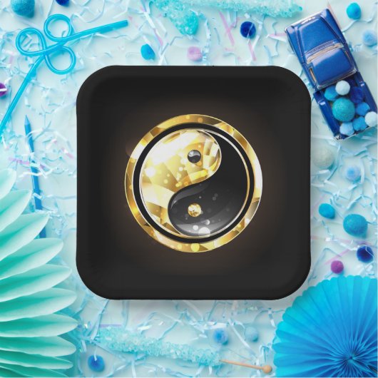 Gold Yin Yang auf schwarz Pappteller (Party)
