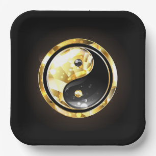 Gold Yin Yang auf schwarz Pappteller