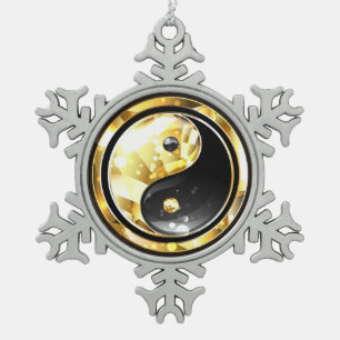 Gold Yin Yang auf schwarz Schneeflocken Zinn-Ornament