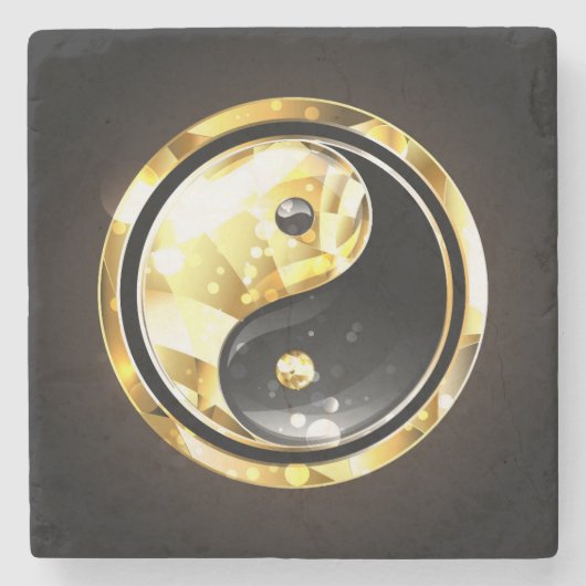 Gold Yin Yang auf schwarz Steinuntersetzer (Vorderseite)