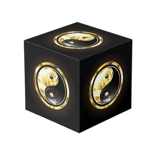 Gold Yin Yang auf schwarz Würfel (Vorderseite Schrägansicht)
