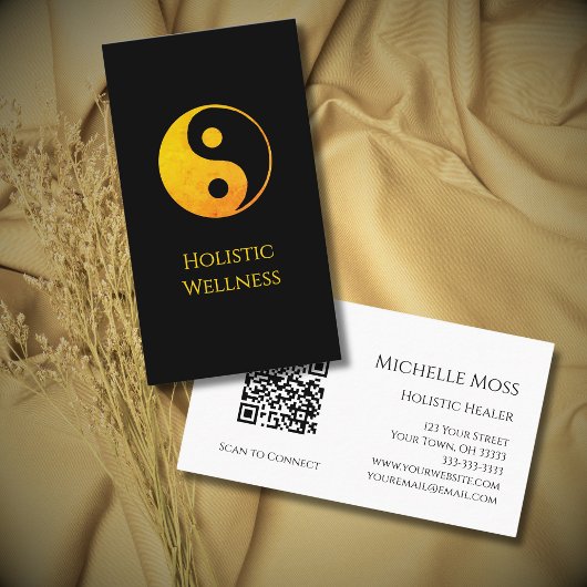 Gold Yin Yang Symbol QR Code Holistic Wellness Visitenkarte