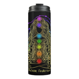 Gold Yoga Girl mit farbenprächtiger Chakra Thermosbecher