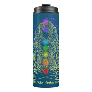 Gold Yoga Girl mit farbenprächtiger Chakra Thermosbecher