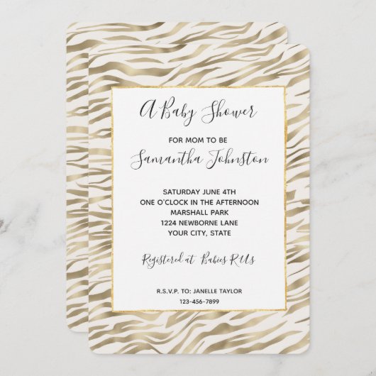 Gold Zebra Print Baby Dusche Einladung (Vorne/Hinten)