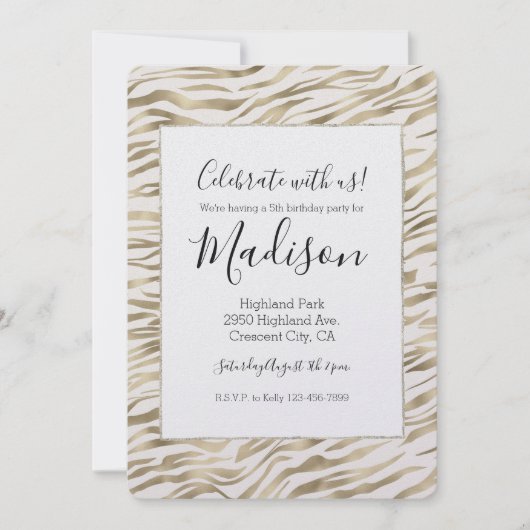 Gold Zebra Print Glitz Geburtstag Einladung (Vorderseite)