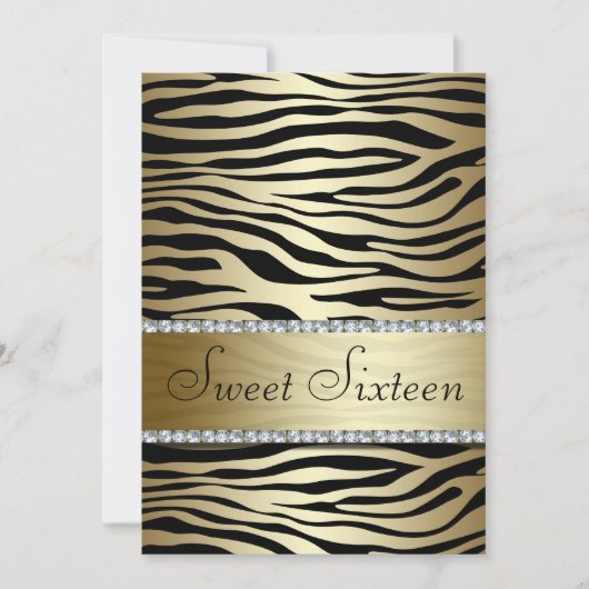 Gold Zebra Print mit Imitate Juwelen 16 . Geburtst Einladung (Vorderseite)
