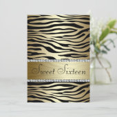 Gold Zebra Print mit Imitate Juwelen 16 . Geburtst Einladung (Stehend Vorderseite)