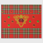 GOLD ZELLTIKHERZ, RUBY, ROT GRÜNE SCOTTISH TARTAN GESCHENKPAPIER (Flach)