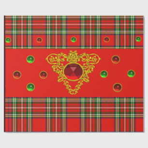 GOLD ZELLTIKHERZ, RUBY, ROT GRÜNE SCOTTISH TARTAN GESCHENKPAPIER