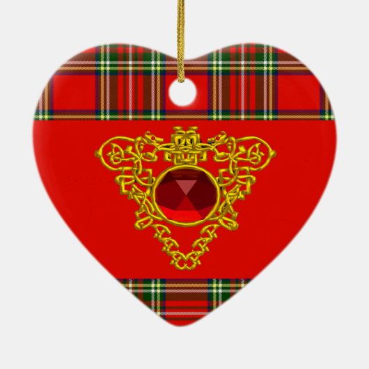 GOLD ZELLTIKHERZ, RUBY, ROT GRÜNE SCOTTISH TARTAN KERAMIK ORNAMENT (Hinten)