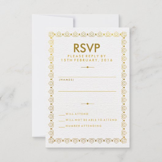 Goldan Art Deco Wedding RSVP Card Karte (Vorderseite)